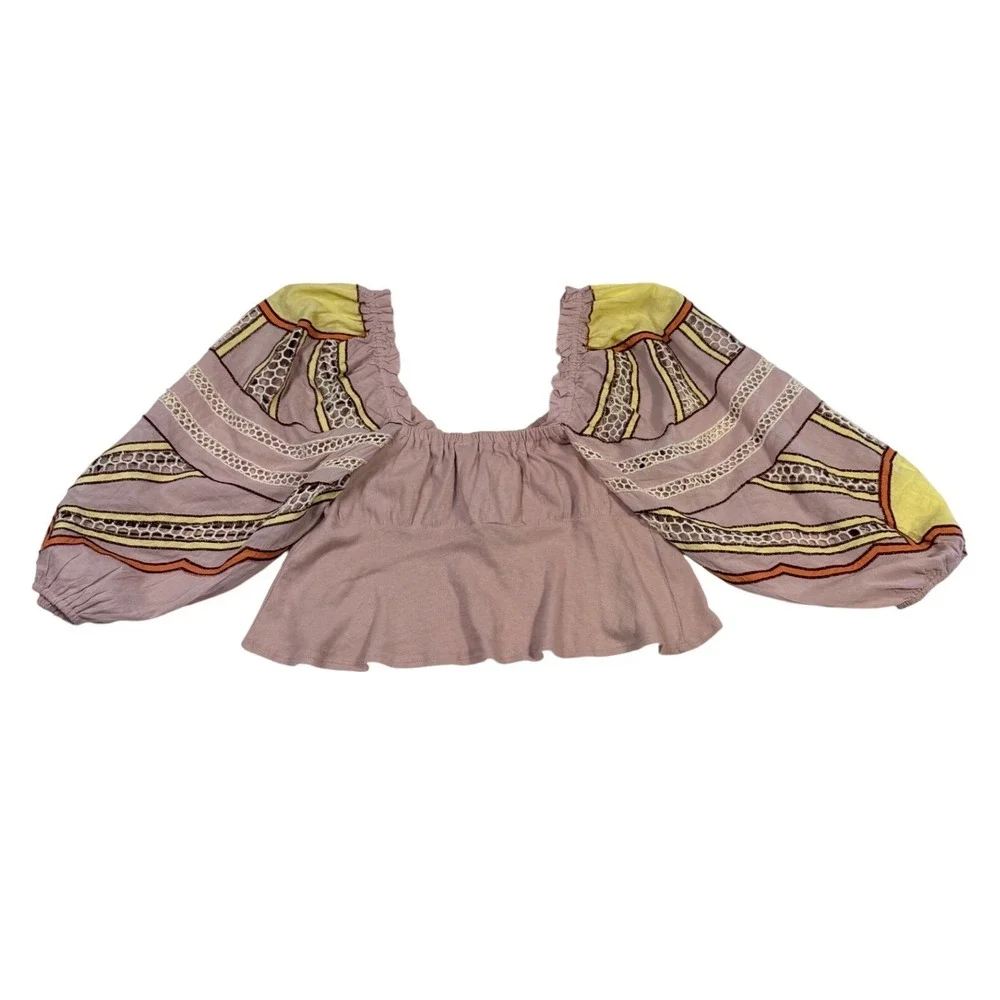 Free People Intimately Mauve Crop Top Eyelet Balloon Sleeve Size S
